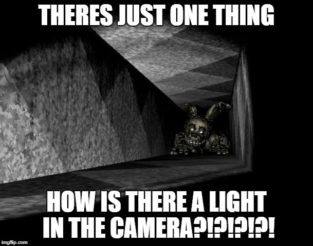 FnAF 3 | THERES JUST ONE THING; HOW IS THERE A LIGHT IN THE CAMERA?!?!?!?! | image tagged in fnaf 3 | made w/ Imgflip meme maker