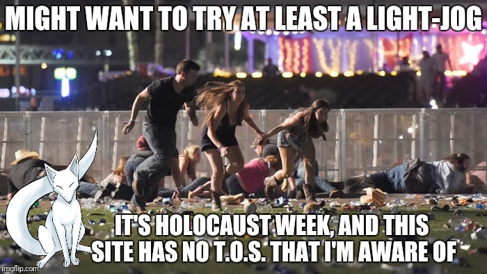 MIGHT WANT TO TRY AT LEAST A LIGHT-JOG IT'S HOLOCAUST WEEK, AND THIS SITE HAS NO T.O.S. THAT I'M AWARE OF | made w/ Imgflip meme maker