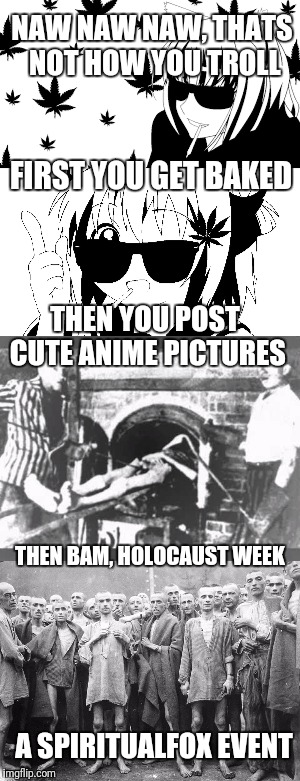 NAW NAW NAW, THATS NOT HOW YOU TROLL THEN BAM, HOLOCAUST WEEK FIRST YOU GET BAKED THEN YOU POST CUTE ANIME PICTURES A SPIRITUALFOX EVENT | made w/ Imgflip meme maker