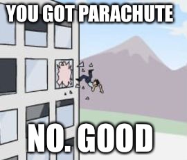jump out of window | YOU GOT PARACHUTE; NO. GOOD | image tagged in jump out of window | made w/ Imgflip meme maker