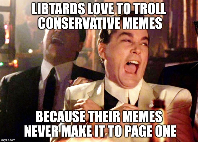 Good Fellas Hilarious | LIBTARDS LOVE TO TROLL CONSERVATIVE MEMES; BECAUSE THEIR MEMES NEVER MAKE IT TO PAGE ONE | image tagged in memes,good fellas hilarious | made w/ Imgflip meme maker