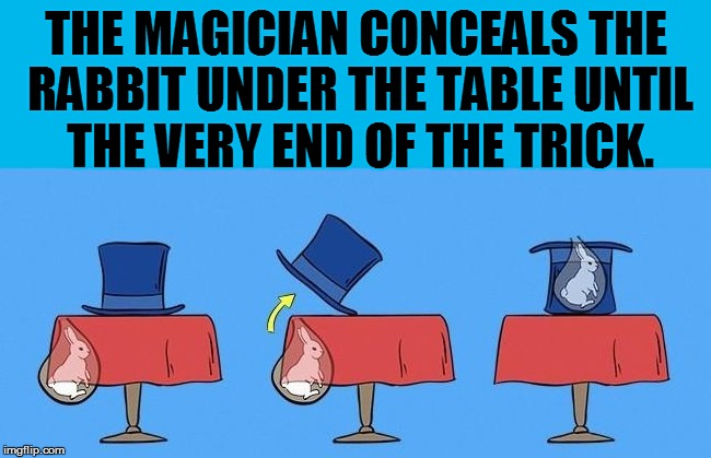 THE MAGICIAN CONCEALS THE RABBIT UNDER THE TABLE UNTIL THE VERY END OF THE TRICK. | made w/ Imgflip meme maker