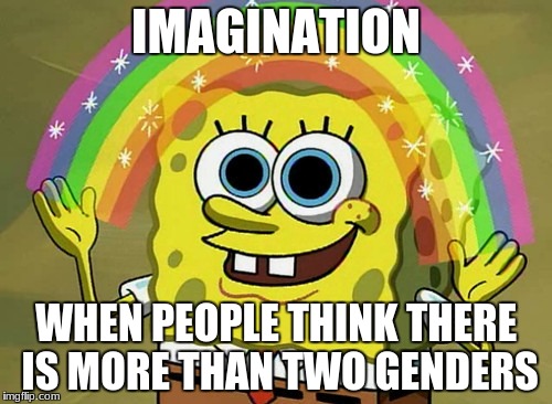 #2 genders | IMAGINATION; WHEN PEOPLE THINK THERE IS MORE THAN TWO GENDERS | image tagged in memes,imagination spongebob,there is only two genders,ur mom gay,no u,minecraft | made w/ Imgflip meme maker