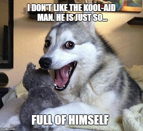 pun dog | I DON'T LIKE THE KOOL-AID MAN. HE IS JUST SO... FULL OF HIMSELF | image tagged in pun dog | made w/ Imgflip meme maker