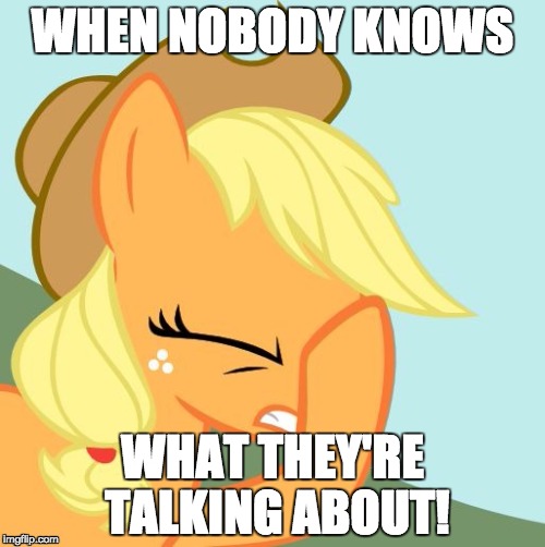 AJ face hoof | WHEN NOBODY KNOWS; WHAT THEY'RE TALKING ABOUT! | image tagged in aj face hoof | made w/ Imgflip meme maker