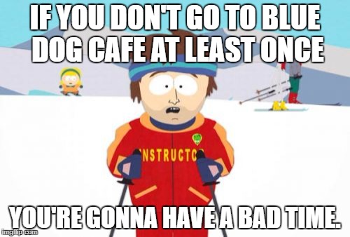 Blue Dog | IF YOU DON'T GO TO BLUE DOG CAFE AT LEAST ONCE; YOU'RE GONNA HAVE A BAD TIME. | image tagged in memes,super cool ski instructor | made w/ Imgflip meme maker