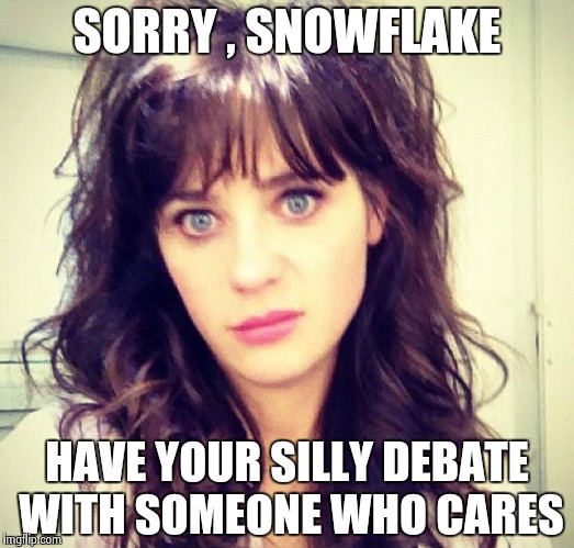 Zooey Deschanel | SORRY , SNOWFLAKE HAVE YOUR SILLY DEBATE WITH SOMEONE WHO CARES | image tagged in zooey deschanel | made w/ Imgflip meme maker