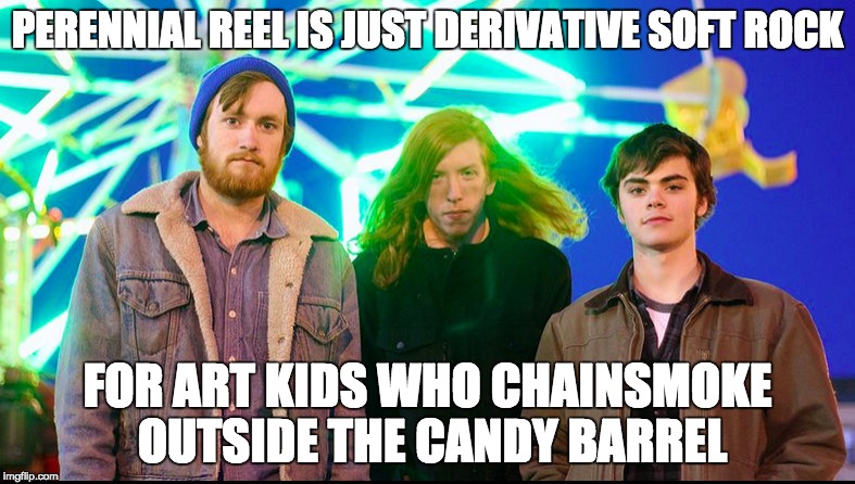 PERENNIAL REEL IS JUST DERIVATIVE SOFT ROCK; FOR ART KIDS WHO CHAINSMOKE OUTSIDE THE CANDY BARREL | image tagged in perennialreel,diy,newbrunswick | made w/ Imgflip meme maker