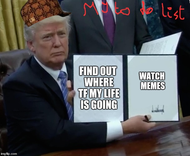 Trump Bill Signing Meme | FIND OUT WHERE TF MY LIFE IS GOING; WATCH MEMES | image tagged in memes,trump bill signing,scumbag | made w/ Imgflip meme maker