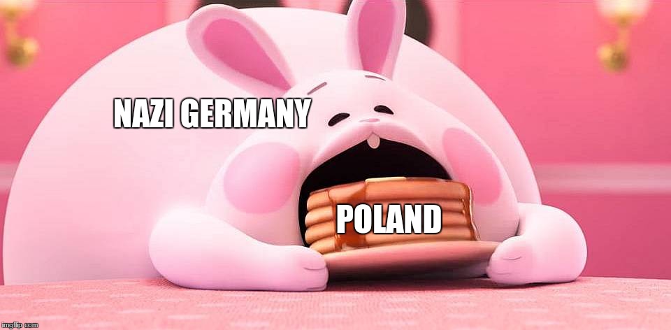 NAZI GERMANY; POLAND | image tagged in pink rabbit eatting pancakes,nazi,memes,ww2 | made w/ Imgflip meme maker