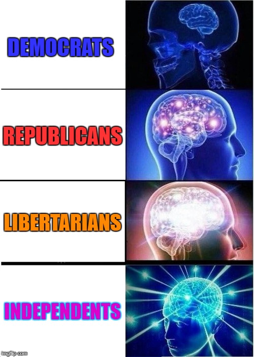 Partisanship, Revisited |  DEMOCRATS; REPUBLICANS; LIBERTARIANS; INDEPENDENTS | image tagged in democrats,republicans,libertarians,independent,partisanship,expanding brain | made w/ Imgflip meme maker