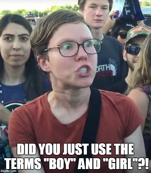 Super Triggered | DID YOU JUST USE THE TERMS "BOY" AND "GIRL"?! | image tagged in super_triggered,angry feminist,triggered feminist,triggered liberal,libtards | made w/ Imgflip meme maker