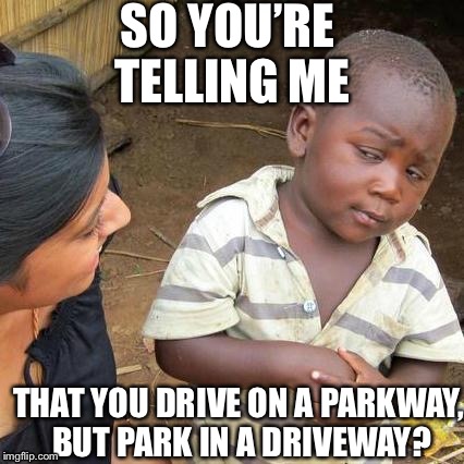 Third World Skeptical Kid Meme | SO YOU’RE TELLING ME; THAT YOU DRIVE ON A PARKWAY, BUT PARK IN A DRIVEWAY? | image tagged in memes,third world skeptical kid | made w/ Imgflip meme maker