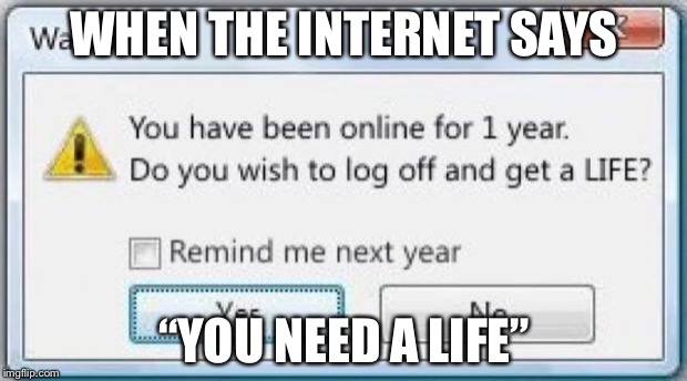 Get off the computer & get a life | WHEN THE INTERNET SAYS; “YOU NEED A LIFE” | image tagged in get off the computer  get a life | made w/ Imgflip meme maker
