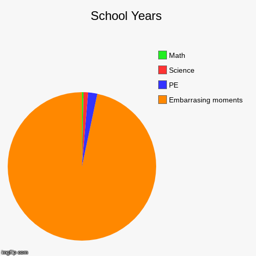 School Years | Embarrasing moments, PE, Science, Math | image tagged in funny,pie charts | made w/ Imgflip chart maker