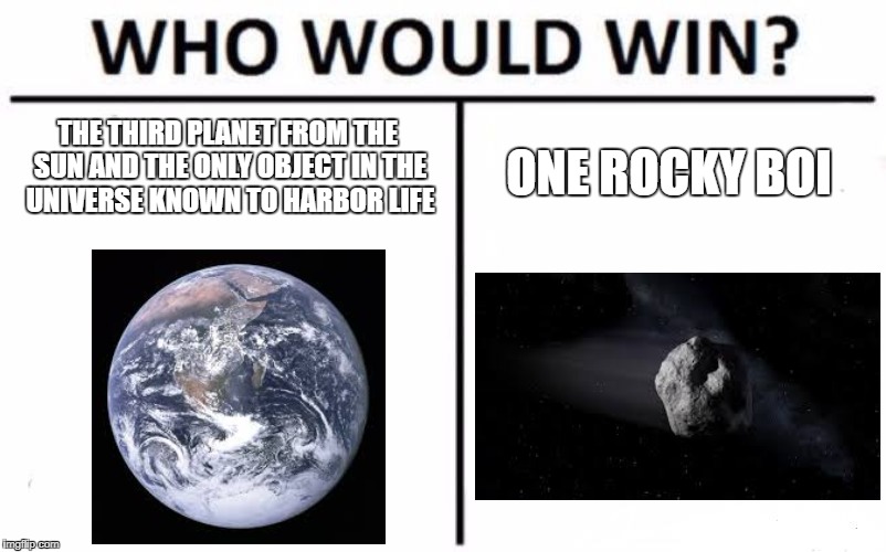 Who Would Win? | THE THIRD PLANET FROM THE SUN AND THE ONLY OBJECT IN THE UNIVERSE KNOWN TO HARBOR LIFE; ONE ROCKY BOI | image tagged in memes,who would win | made w/ Imgflip meme maker