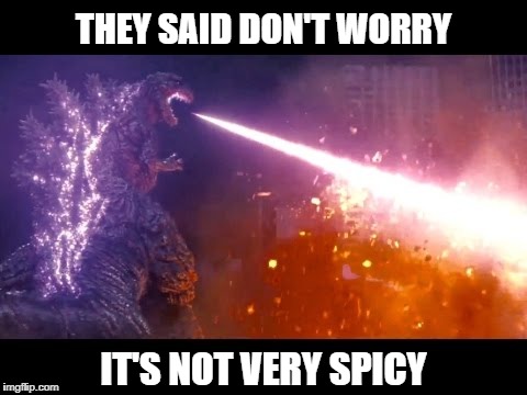 Atomic breath  godzilla | THEY SAID DON'T WORRY; IT'S NOT VERY SPICY | image tagged in atomic breath  godzilla | made w/ Imgflip meme maker