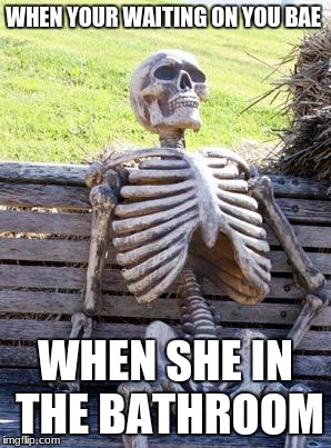 Waiting Skeleton |  WHEN YOUR WAITING ON YOU BAE; WHEN SHE IN THE BATHROOM | image tagged in memes,waiting skeleton | made w/ Imgflip meme maker