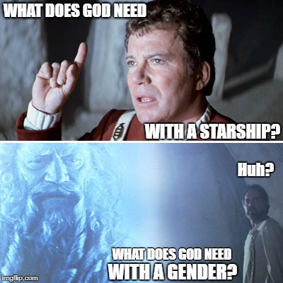 Mysterious ways. Move along now... | WHAT DOES GOD NEED; WITH A STARSHIP? Huh? WHAT DOES GOD NEED; WITH A GENDER? | image tagged in star trek | made w/ Imgflip meme maker