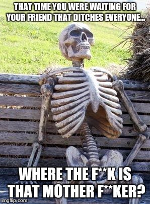 Waiting Skeleton Meme | THAT TIME YOU WERE WAITING FOR YOUR FRIEND THAT DITCHES EVERYONE... WHERE THE F**K IS THAT MOTHER F**KER? | image tagged in memes,waiting skeleton | made w/ Imgflip meme maker