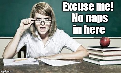 teacher | Excuse me!  No naps in here | image tagged in teacher | made w/ Imgflip meme maker
