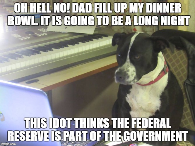 OH HELL NO! DAD FILL UP MY DINNER BOWL. IT IS GOING TO BE A LONG NIGHT; THIS IDOT THINKS THE FEDERAL RESERVE IS PART OF THE GOVERNMENT | image tagged in federal reserve | made w/ Imgflip meme maker