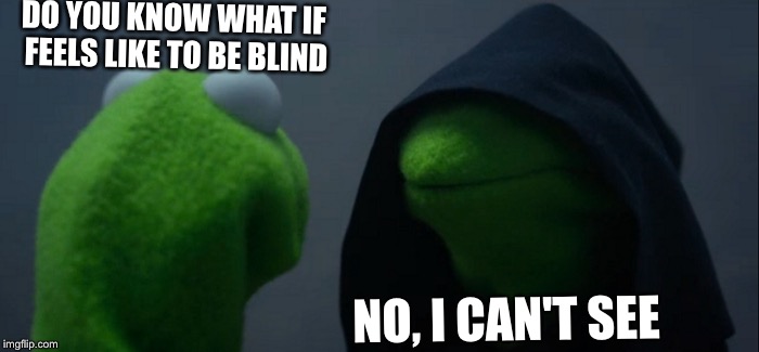 Evil Kermit Meme | DO YOU KNOW WHAT IF FEELS LIKE TO BE BLIND; NO, I CAN'T SEE | image tagged in memes,evil kermit | made w/ Imgflip meme maker
