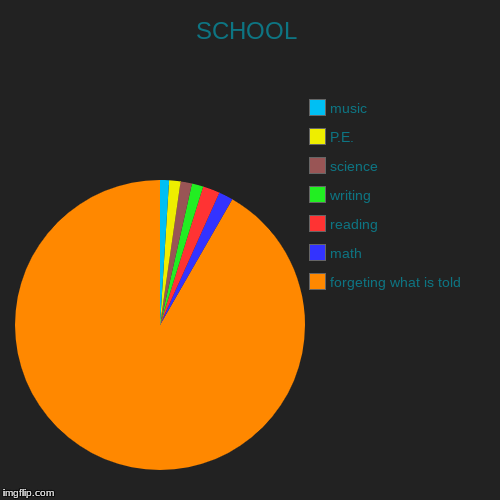 SCHOOL | forgeting what is told, math, reading, writing, science, P.E., music | image tagged in funny,pie charts | made w/ Imgflip chart maker