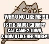 Y U NO PUSHEEN | WHY U NO LIKE ME?!!! IS IT B CAUSE GRUMPY CAT CAME 2 TOWN, & NOW U LIKE HER MORE?! | image tagged in y u no pusheen | made w/ Imgflip meme maker