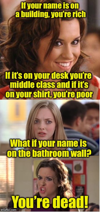 For a good time, call Gretchen at 867-5309 | If your name is on a building, you’re rich; If it’s on your desk you’re middle class and if it’s on your shirt, you’re poor; What if your name is on the bathroom wall? You’re dead! | image tagged in memes,mean girls,names,bathroom stall,social status | made w/ Imgflip meme maker