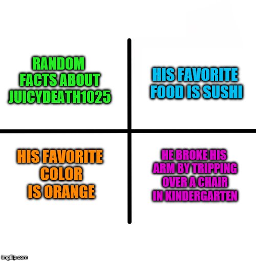 oh, the info available on the internet | HIS FAVORITE FOOD IS SUSHI; RANDOM FACTS ABOUT JUICYDEATH1025; HE BROKE HIS ARM BY TRIPPING OVER A CHAIR IN KINDERGARTEN; HIS FAVORITE COLOR IS ORANGE | image tagged in memes,blank starter pack | made w/ Imgflip meme maker
