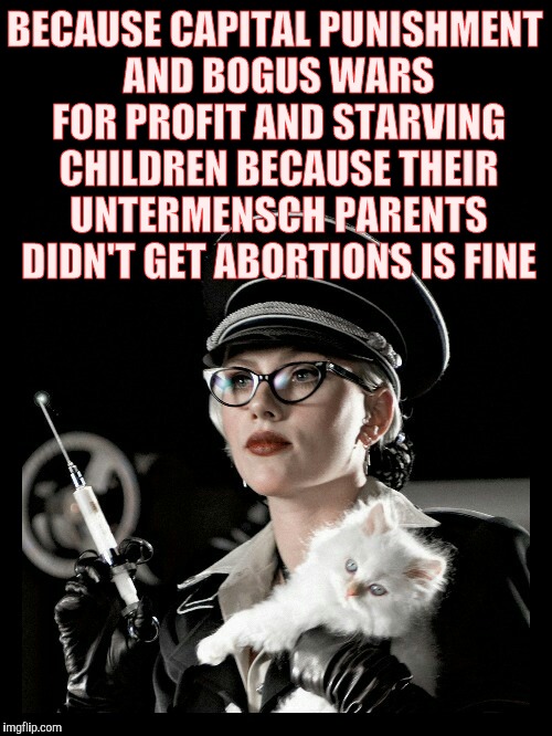 Scarlett Johansson, Silkin Floss, The Spirit, "We have ways of m | BECAUSE CAPITAL PUNISHMENT AND BOGUS WARS FOR PROFIT AND STARVING CHILDREN BECAUSE THEIR UNTERMENSCH PARENTS DIDN'T GET ABORTIONS IS FINE | image tagged in scarlett johansson silkin floss the spirit "we have ways of m | made w/ Imgflip meme maker