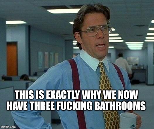 That Would Be Great Meme | THIS IS EXACTLY WHY WE NOW HAVE THREE F**KING BATHROOMS | image tagged in memes,that would be great | made w/ Imgflip meme maker
