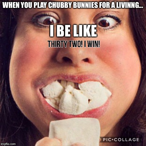 Chubby bunny | I BE LIKE; WHEN YOU PLAY CHUBBY BUNNIES FOR A LIVINNG... | image tagged in memes | made w/ Imgflip meme maker