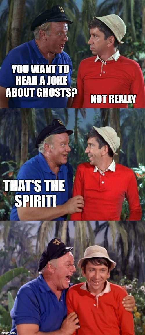 Gilligan Bad Pun | YOU WANT TO HEAR A JOKE ABOUT GHOSTS? NOT REALLY; THAT'S THE SPIRIT! | image tagged in gilligan bad pun | made w/ Imgflip meme maker