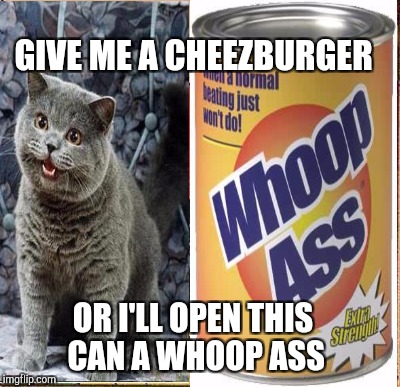 GIVE ME A CHEEZBURGER OR I'LL OPEN THIS CAN A WHOOP ASS | made w/ Imgflip meme maker