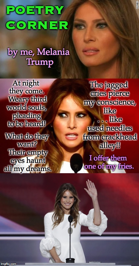 Poetry Corner. | POETRY CORNER; by me, Melania Trump; The jagged cries pierce my conscience, like . . . like used needles from crackhead alley!! At night they come.  Weary third world souls, pleading to be heard! What do they want?  Their empty eyes haunt all my dreams. I offer them one of my fries. | image tagged in memes,poetry corner,melania,you want fries with that | made w/ Imgflip meme maker