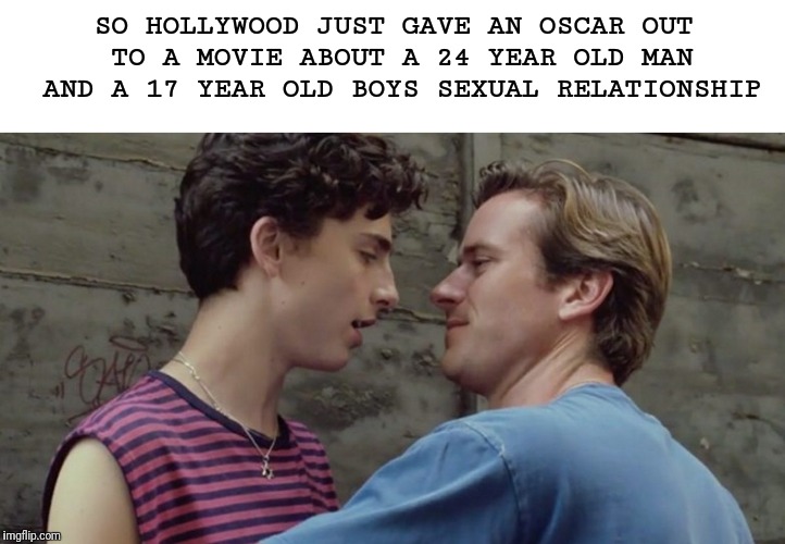 Hmmmm.... | SO HOLLYWOOD JUST GAVE AN OSCAR OUT TO A MOVIE ABOUT A 24 YEAR OLD MAN AND A 17 YEAR OLD BOYS SEXUAL RELATIONSHIP | image tagged in memes,meme | made w/ Imgflip meme maker