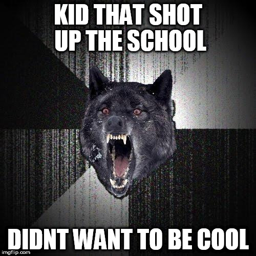 Insanity Wolf Meme | KID THAT SHOT UP THE SCHOOL; DIDNT WANT TO BE COOL | image tagged in memes,insanity wolf | made w/ Imgflip meme maker