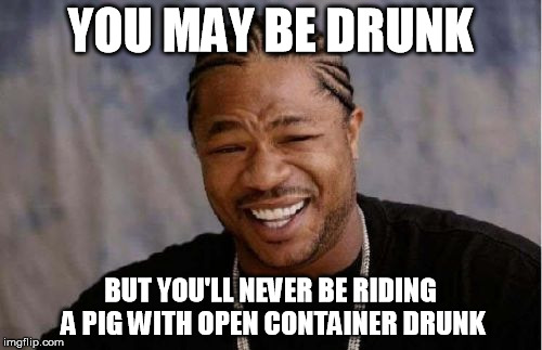 Yo Dawg Heard You Meme | YOU MAY BE DRUNK BUT YOU'LL NEVER BE RIDING A PIG WITH OPEN CONTAINER DRUNK | image tagged in memes,yo dawg heard you | made w/ Imgflip meme maker
