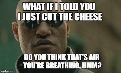 Matrix Morpheus Meme | WHAT IF I TOLD YOU I JUST CUT THE CHEESE; DO YOU THINK THAT'S AIR YOU'RE BREATHING, HMM? | image tagged in memes,matrix morpheus | made w/ Imgflip meme maker