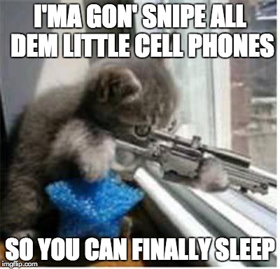 I'ma Gon' Snipe All Dem Little Cell Phones | I'MA GON' SNIPE ALL DEM LITTLE CELL PHONES; SO YOU CAN FINALLY SLEEP | image tagged in cats with guns,sniper,catsniper,sleep | made w/ Imgflip meme maker