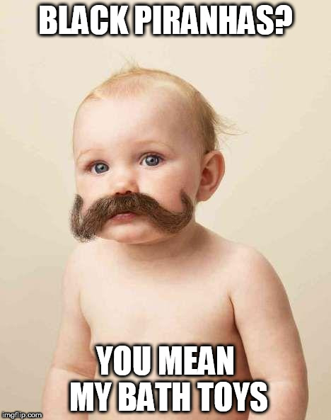 Overly Manly Baby | BLACK PIRANHAS? YOU MEAN MY BATH TOYS | image tagged in overly manly baby,memes,funny,baby,funny memes | made w/ Imgflip meme maker