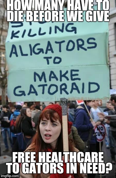 gatoraid | HOW MANY HAVE TO DIE BEFORE WE GIVE FREE HEALTHCARE TO GATORS IN NEED? | image tagged in gatoraid | made w/ Imgflip meme maker