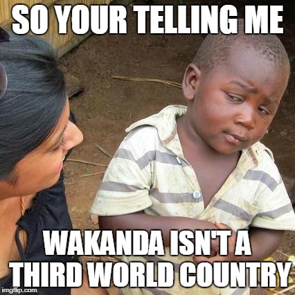 Wakanda isn't third world | SO YOUR TELLING ME; WAKANDA ISN'T A THIRD WORLD COUNTRY | image tagged in memes,third world skeptical kid,wakanda,black panther | made w/ Imgflip meme maker