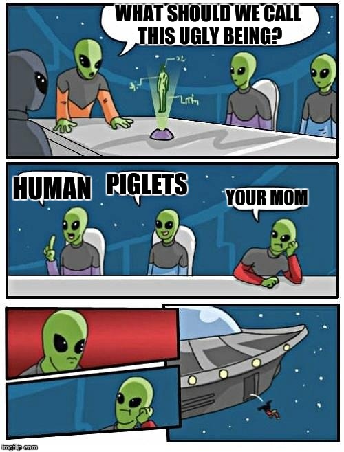 Alien Meeting Suggestion | WHAT SHOULD WE CALL THIS UGLY BEING? HUMAN; PIGLETS; YOUR MOM | image tagged in memes,alien meeting suggestion | made w/ Imgflip meme maker