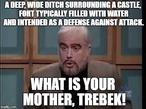 snl jeopardy sean connery | A DEEP, WIDE DITCH SURROUNDING A CASTLE, FORT TYPICALLY FILLED WITH WATER AND INTENDED AS A DEFENSE AGAINST ATTACK. WHAT IS YOUR MOTHER, TREBEK! | image tagged in snl jeopardy sean connery | made w/ Imgflip meme maker