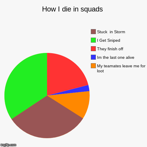 How I die in squads | My teamates leave me for loot, Im the last one alive, They finish off, I Get Sniped, Stuck  in Storm | image tagged in funny,pie charts | made w/ Imgflip chart maker