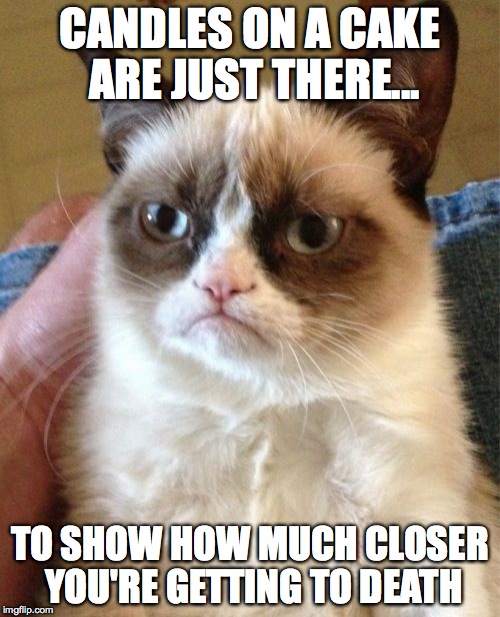 Grumpy Cat | CANDLES ON A CAKE ARE JUST THERE... TO SHOW HOW MUCH CLOSER YOU'RE GETTING TO DEATH | image tagged in memes,grumpy cat | made w/ Imgflip meme maker