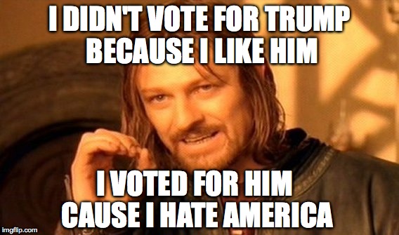 One Does Not Simply | I DIDN'T VOTE FOR TRUMP BECAUSE I LIKE HIM; I VOTED FOR HIM CAUSE I HATE AMERICA | image tagged in memes,one does not simply | made w/ Imgflip meme maker